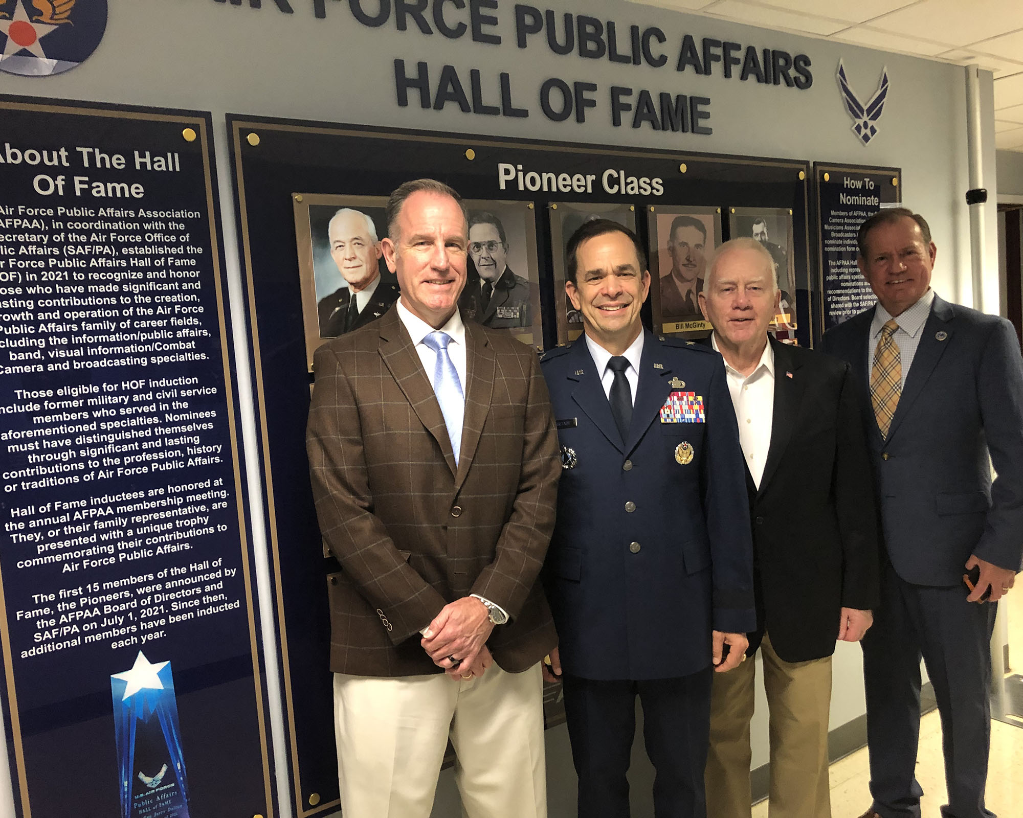 Maj Gen Pat Ryder, Brig Gen Allen Herritage, BGen Ron Rand, and
            AFPAA President Eric Schnaible at the Hall of Fame Dedication